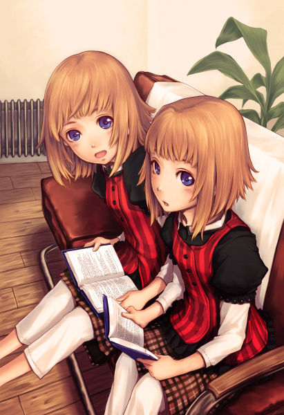 :o blue_eyes book brown_hair copyright_request couch face from_above heater looking_up multiple_girls open_mouth plaid plaid_skirt plant reading short_hair siblings sisters sitting skirt striped tokunou_shoutarou twins vertical_stripes