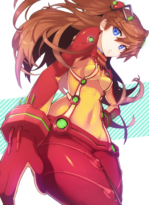 bangs blue_eyes bodysuit bracer breasts brown_hair colored_eyelashes colorized covered_navel cowboy_shot dutch_angle evangelion:_2.0_you_can_(not)_advance floating_hair foreshortening from_below gloves hair_between_eyes hair_ornament hairpods hips long_hair looking_at_viewer multicolored multicolored_bodysuit multicolored_clothes neon_genesis_evangelion orange_bodysuit parted_lips pilot_suit plugsuit rebuild_of_evangelion red_bodysuit see-through shikinami_asuka_langley skin_tight slender_waist small_breasts solo souryuu_asuka_langley striped striped_background test_plugsuit thighs turtleneck very_long_hair white_background yurizuka_(sergeant_heart)