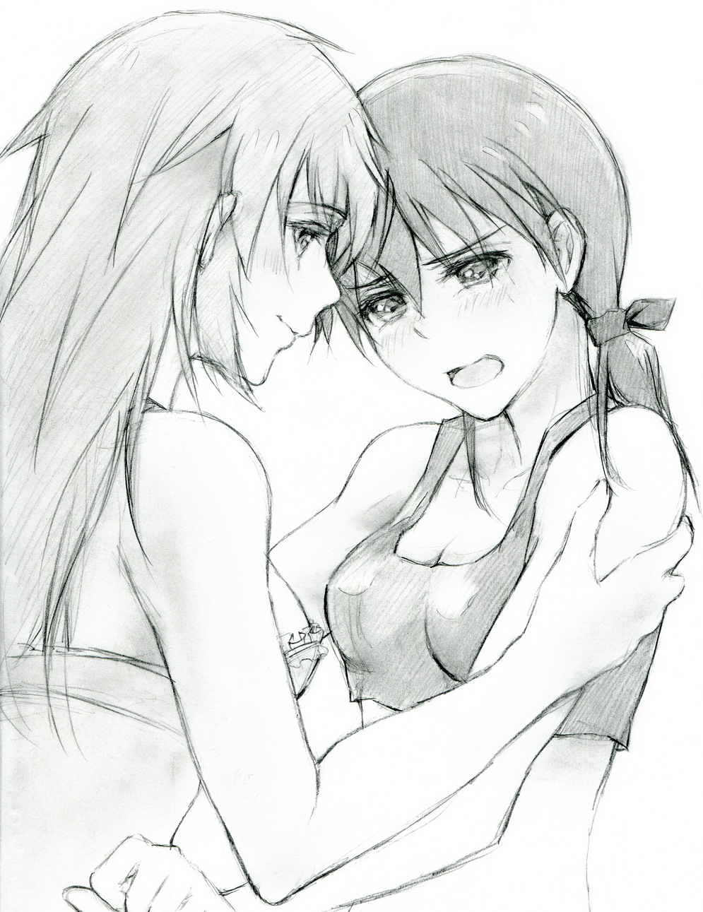 bad_id bad_pixiv_id blush bra charlotte_e_yeager gertrud_barkhorn greyscale highres kisetsu lingerie monochrome multiple_girls sketch strike_witches traditional_media twintails underwear world_witches_series yuri