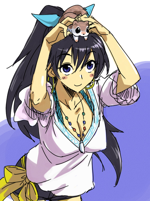 animal animal_on_head arm_up black_hair blue_eyes blush breasts cleavage earrings eyebrows_visible_through_hair ganaha_hibiki high_ponytail holding holding_animal hoop_earrings idolmaster idolmaster_(classic) jewelry long_hair looking_at_viewer looking_up michael necklace object_on_head on_head ponytail short_sleeves solo squirrel