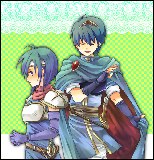 1girl armor blue_eyes blue_hair blush cape closed_eyes crown elbow_gloves fingerless_gloves fire_emblem fire_emblem:_monshou_no_nazo gloves headband kariu katua marth short_hair sword weapon