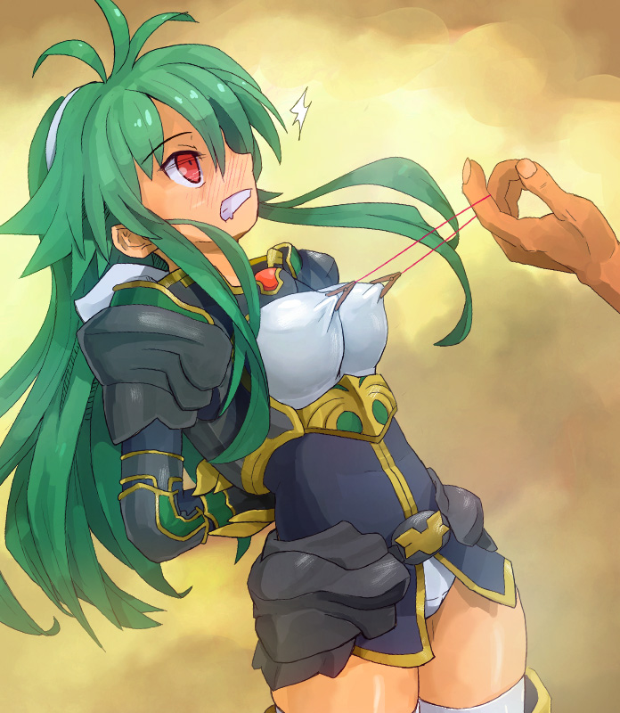 1girl anshinmama armor bdsm blush bondage bound breasts clenched_teeth green_hair hairband hetero long_hair medium_breasts nipple_chain nipple_clamps nipple_pull nipple_torture panties polaris_(shinrabanshou) red_eyes shinrabanshou solo_focus teeth thighhighs underwear white_legwear