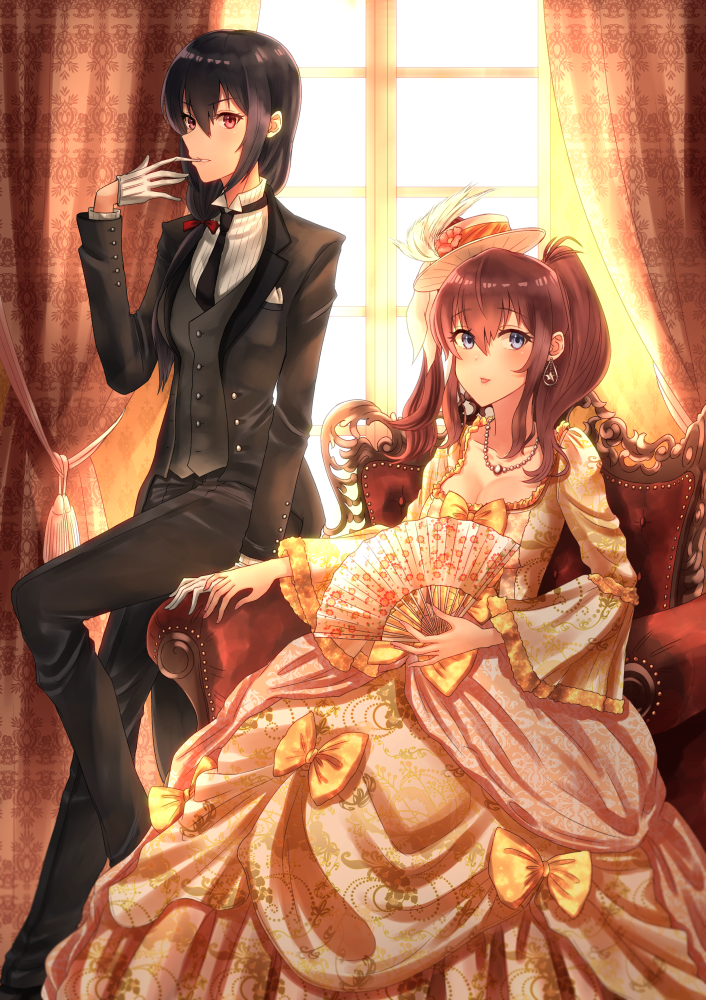 alternate_costume armchair banned_artist black_hair blush chair commentary_request curtains dress formal gloves gown itsuwa_(continue) kantai_collection multiple_girls nagato_(kantai_collection) necktie petticoat saratoga_(kantai_collection) tuxedo victorian window