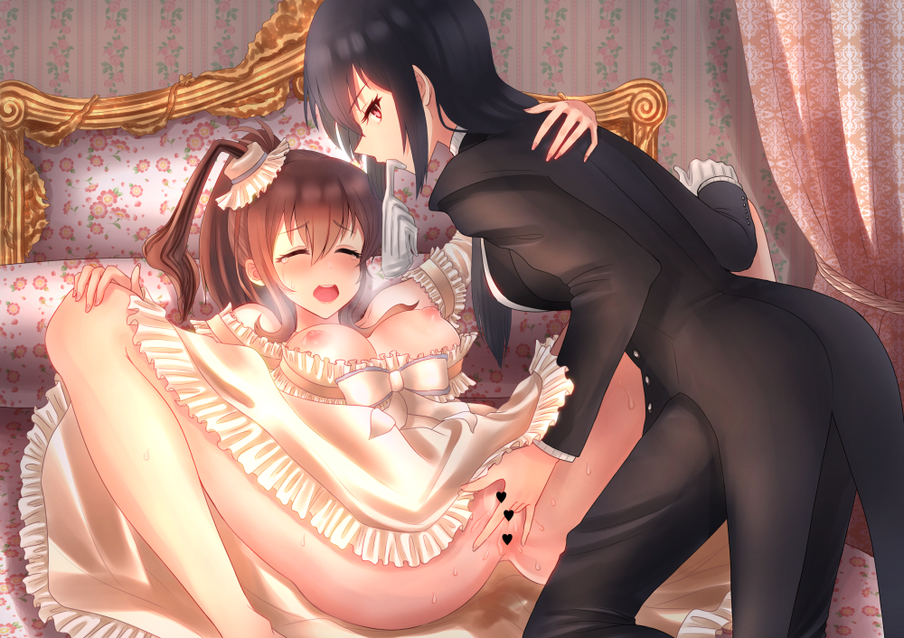 banned_artist black_hair blush breasts censored couple dress fingering formal gloves heart heart_censor heavy_breathing itsuwa_(continue) kantai_collection mouth_hold nagato_(kantai_collection) necktie nipples pants pussy saratoga_(kantai_collection) side_ponytail spread_legs suit tuxedo vaginal white_gloves yuri