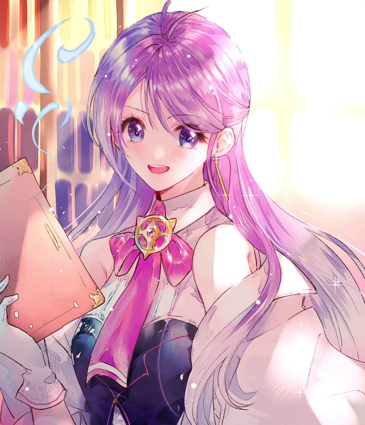 ahma ahoge aisha_(elsword) blush_stickers book collared_shirt detached_sleeves earrings elsword eyebrows_visible_through_hair gloves highres jewelry long_hair purple_eyes purple_hair shirt smile tie_clip window