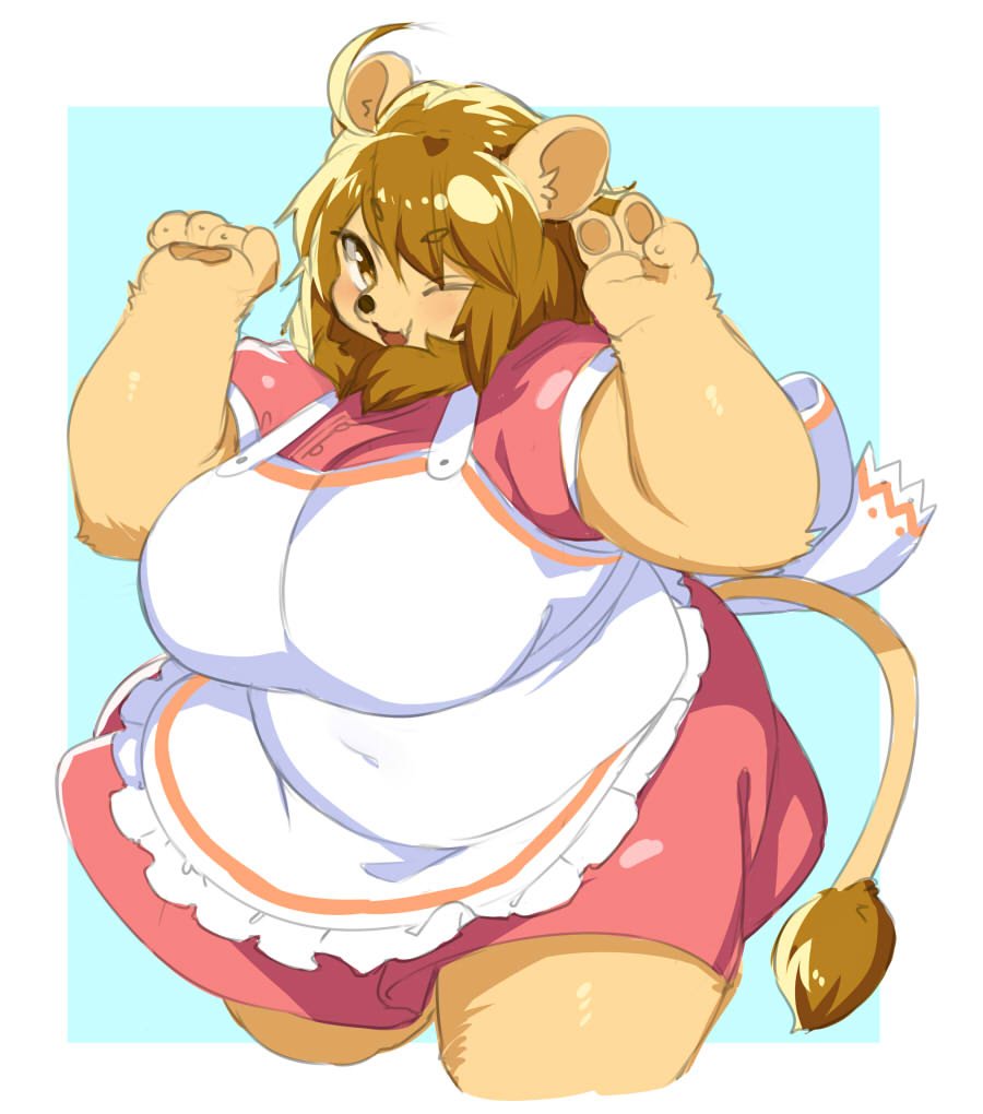 anthro apron big_breasts black_nose blonde_hair bow breasts brown_eyes claws clothing digital_media_(artwork) fangs feline female fur hair inner_ear_fluff kishibe lion long_hair looking_at_viewer mammal mane one_eye_closed open_mouth orange_fur overweight pawpads paws smile solo standing uniform v_sign wink