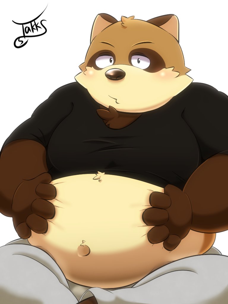 2018 anthro belly canine clothing humanoid_hands male mammal moobs navel overweight overweight_male pants shirt sitting solo takkusk tanuki