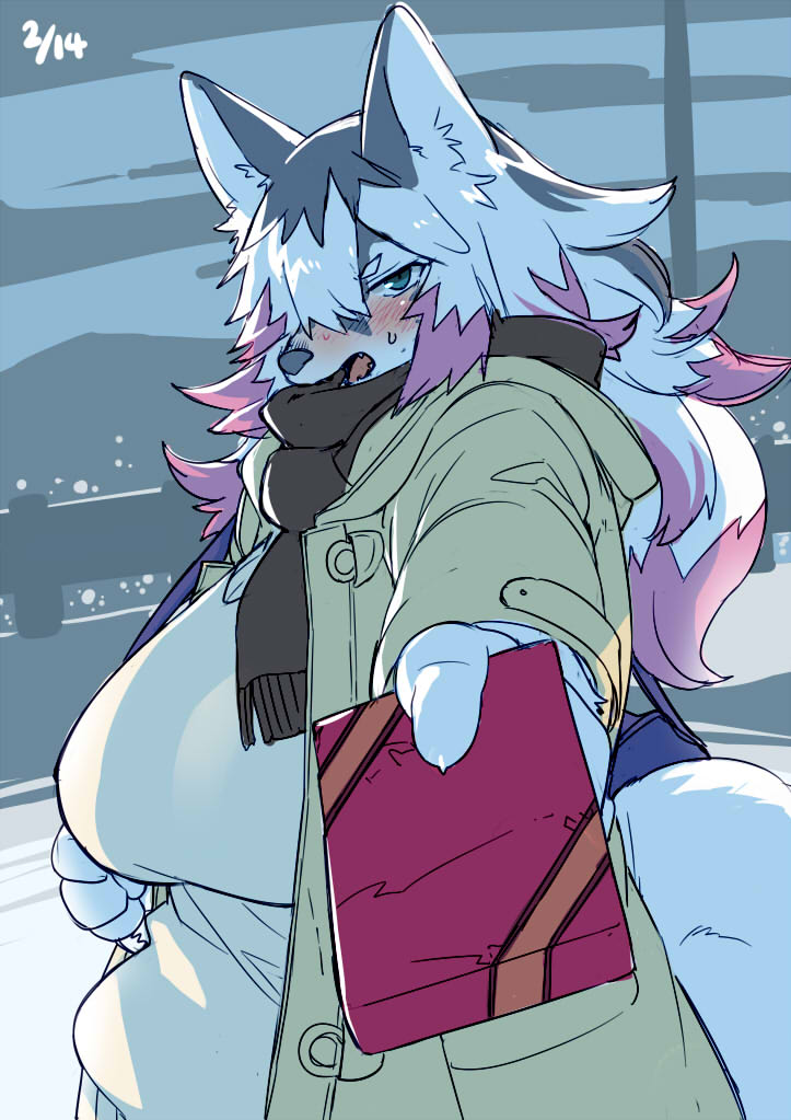anthro big_breasts black_fur black_nose blue_eyes breasts canine claws clothing digital_media_(artwork) dog fangs female fur jacket kishibe looking_at_viewer mammal multicolored_fur open_mouth outside purple_fur scarf solo standing sweater tongue white_fur