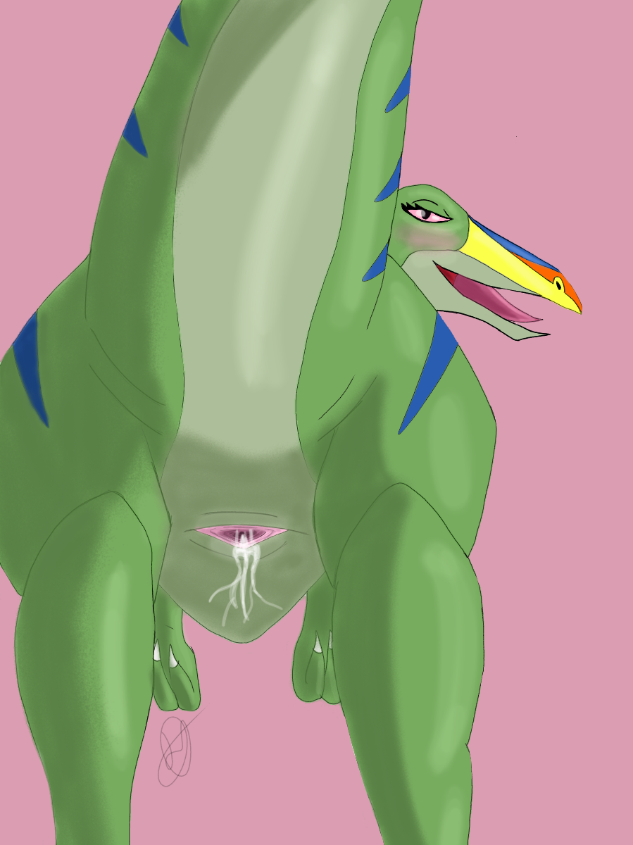 2018 alien animal_genitalia avian big_butt bird blush butt claws cloaca cum cum_drip cum_inside digital_media_(artwork) dinosaur dripping female feral gallimimus invalid_color invalid_tag looking_at_viewer looking_back open_mouth prehistoric_bird presenting presenting_hindquarters pussy rainbow_face rainbow_face_2 raithypaints scale scales scalie simple_background single smile soaked soaking solo spreading standing the_land_before_time tongue vaginal wet
