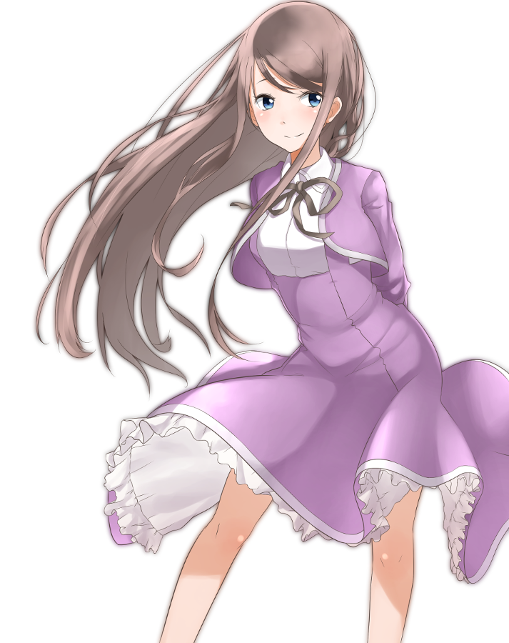 amanchu! arms_behind_back bangs blue_eyes blush breasts brown_ribbon closed_mouth commentary_request disconnected_mouth dress feet_out_of_frame frills hechi_(hechi322) lavender_dress legs_apart light_brown_hair long_hair long_sleeves looking_at_viewer neck_ribbon ooki_futaba petticoat ribbon school_uniform shrug_(clothing) skinny small_breasts smile solo standing swept_bangs underbust very_long_hair white_background wind wind_lift wing_collar