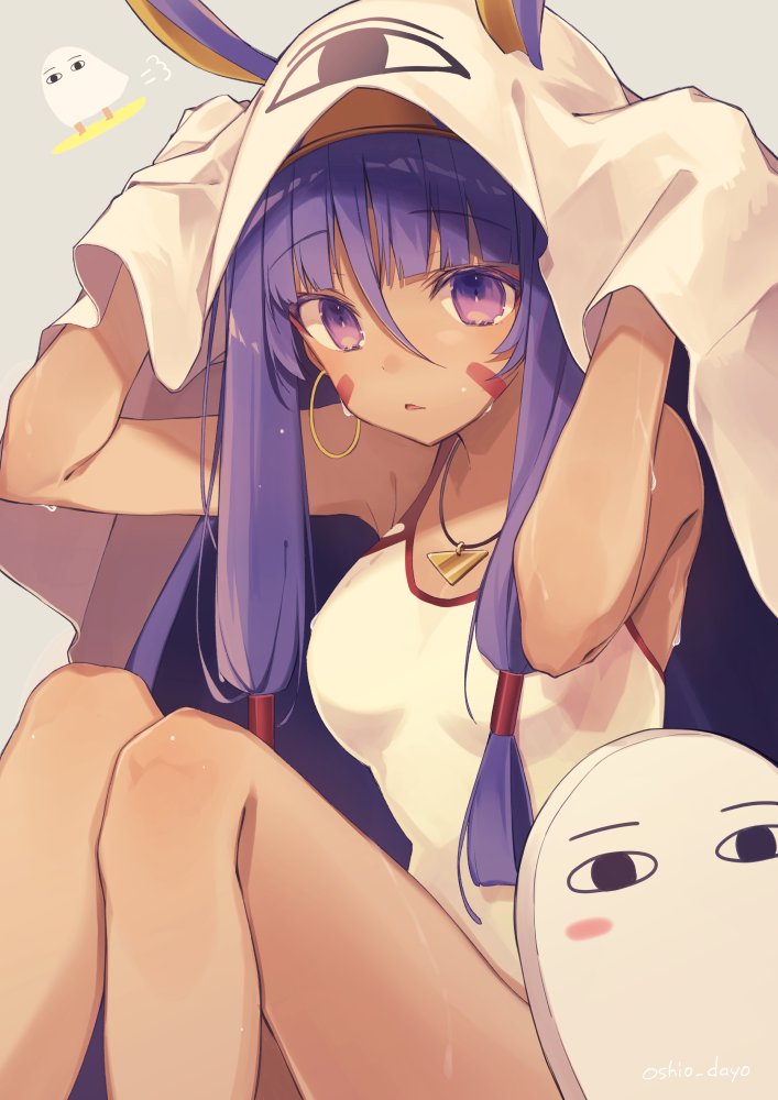 &lt;o&gt;_&lt;o&gt; bare_legs bare_shoulders blanket blush breasts commentary_request competition_swimsuit eyebrows_visible_through_hair fate/grand_order fate_(series) grey_background hair_between_eyes hair_tubes hands_up jewelry legs_up long_hair medium_breasts medjed necklace nitocris_(fate/grand_order) one-piece_swimsuit oshio_(dayo) parted_lips purple_eyes purple_hair simple_background solo swimsuit wet white_swimsuit