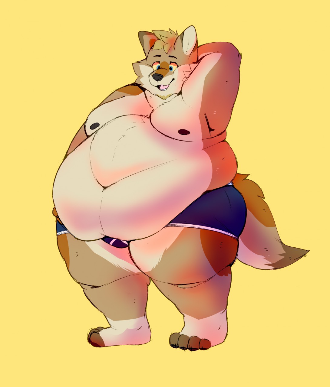 2018 anthro belly belly_overhang big_belly briefs canine clothing coyote deep_navel love_handles male mammal moobs navel nipples obese okaeri overweight overweight_male simple_background solo standing thick_thighs underwear yellow_background