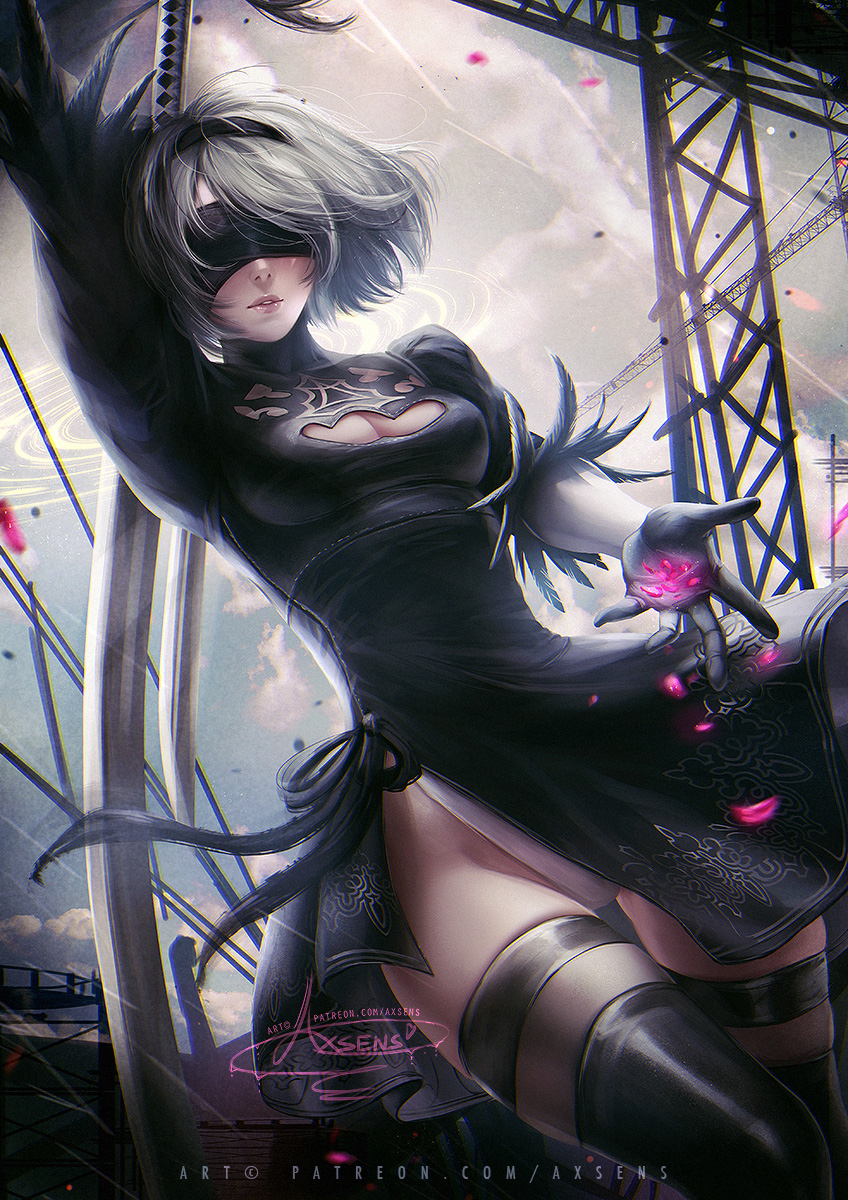 back_cutout banned_artist black_blindfold black_dress black_hairband blindfold boots cleavage_cutout covered_eyes dress feather-trimmed_sleeves gloves grey_hair hairband high_heel_boots high_heels highleg highleg_leotard highres juliet_sleeves leotard long_sleeves mole mole_under_mouth nier_(series) nier_automata puffy_sleeves silver_hair sword thigh_boots thighhighs thighhighs_under_boots weapon white_hair white_leotard yorha_no._2_type_b