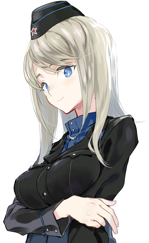 blue_eyes bronislava_feoktistovna_safonov commentary_request garrison_cap hat homare_(homaredai) long_hair looking_at_viewer military military_uniform silver_hair simple_background smile solo uniform upper_body white_background world_witches_series
