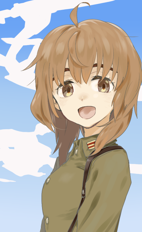 ahoge brown_eyes brown_hair buttons cloud commentary_request homare_(homaredai) inufusa_yuno looking_at_viewer military military_uniform open_mouth short_hair smile solo uniform upper_body world_witches_series