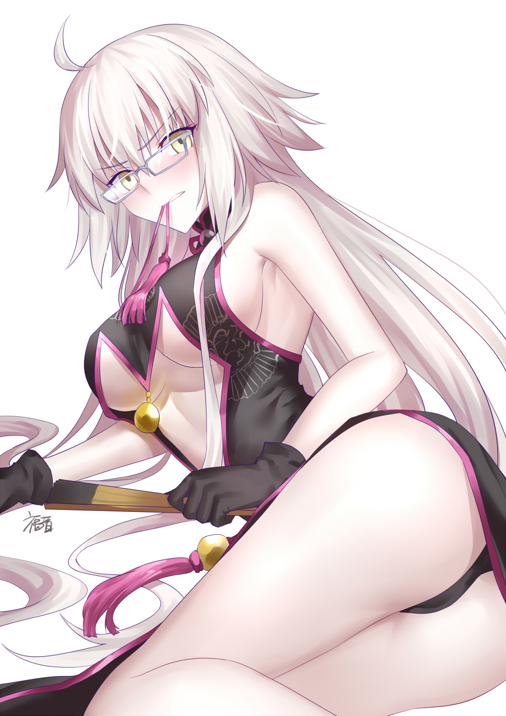 1girl ahoge armpits ass bare_legs bare_shoulders bespectacled black_dress black_gloves blush breasts center_opening china_dress chinese_clothes cleavage commentary_request cosplay dress earrings eyebrows_visible_through_hair fan fate/grand_order fate_(series) glasses gloves gogatsu_fukuin highres jeanne_d'arc_(alter)_(fate) jeanne_d'arc_(fate)_(all) jeanne_d'arc_(alter)_(fate) jeanne_d'arc_(fate)_(all) jewelry koyanskaya koyanskaya_(cosplay) large_breasts long_hair looking_at_viewer lying mouth_hold on_side ribbon side_slit sideboob silver_hair solo thighs tsurime very_long_hair yellow_eyes
