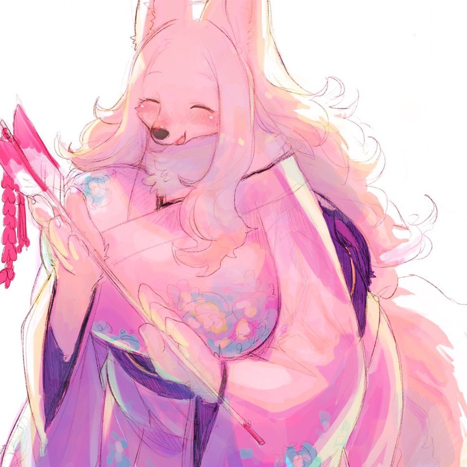 anthro big_breasts black_nose breasts canine claws clothing digital_media_(artwork) eyes_closed female fluffy fur hair inner_ear_fluff japanese_clothing kimono kishibe long_hair mammal open_mouth simple_background smile solo standing tongue voluptuous white_background white_fur white_hair