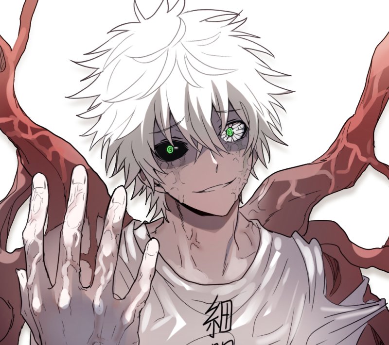 black_sclera cancer_cell_(hataraku_saibou) green_eyes hataraku_saibou heterochromia looking_at_viewer male_focus open_palm parted_lips roh_1030 shirt simple_background smile solo t-shirt tentacles upper_body veins white_background white_hair