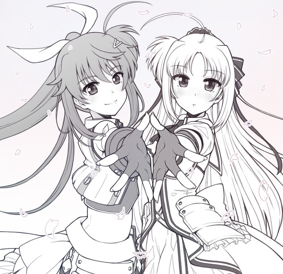:o ahoge armor bangs blush bow closed_mouth commentary crop_top dress eyebrows_visible_through_hair fingerless_gloves foreshortening from_side fuuka_reventon gloves greyscale hair_bow hair_ornament hair_ribbon hairclip jacket long_hair long_sleeves looking_at_viewer lyrical_nanoha magical_girl monochrome multiple_girls overskirt parted_lips petag2 petals ponytail pose ribbon rinne_berlinetta shirt short_sleeves smile standing symmetrical_hand_pose symmetry upper_body vivid_strike!