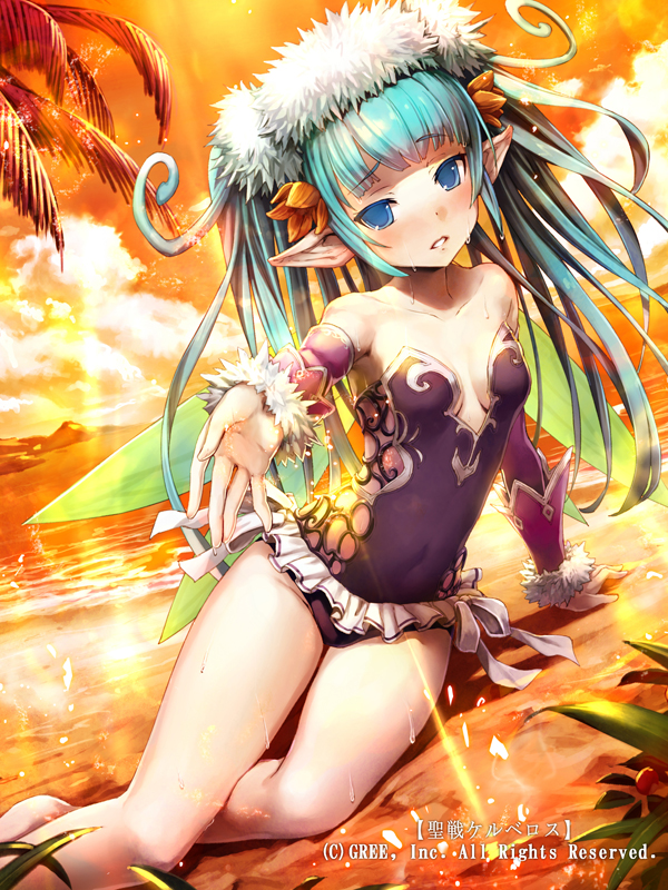 arm_support bangs barefoot black_swimsuit blue_eyes blue_hair blunt_bangs breasts casual_one-piece_swimsuit cleavage covered_navel day detached_sleeves eyebrows_visible_through_hair gabiran hair_ornament long_hair looking_at_viewer ocean official_art one-piece_swimsuit orange_sky outdoors outstretched_arm parted_lips pointy_ears seisen_cerberus shiny shiny_hair sky small_breasts solo strapless strapless_swimsuit sweatdrop swimsuit twintails