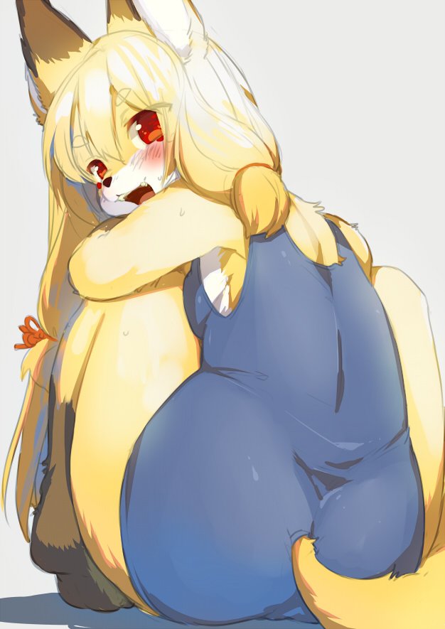 anthro black_nose blouse brown_fur canine digital_media_(artwork) fangs female fox fur hair kishibe long_hair looking_at_viewer mammal multicolored_fur open_mouth orange_fur red_eyes simple_background sitting smile solo tongue white_fur