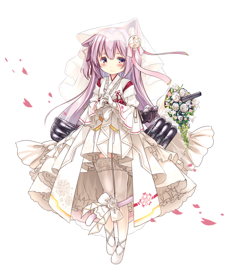 animal_ear_fluff animal_ears azur_lane blush bouquet bow bridal_veil cannon cat_ears cat_girl cat_tail closed_mouth commentary_request flower full_body gloves japanese_clothes kimono kisaragi_(azur_lane) long_hair long_sleeves petals pink_ribbon purple_hair red_eyes ribbon rose see-through shoes simple_background smile solo standing tail tail_bow tail_flower thighhighs usume_shirou veil very_long_hair white_background white_bow white_flower white_footwear white_gloves white_kimono white_legwear white_rose wide_sleeves