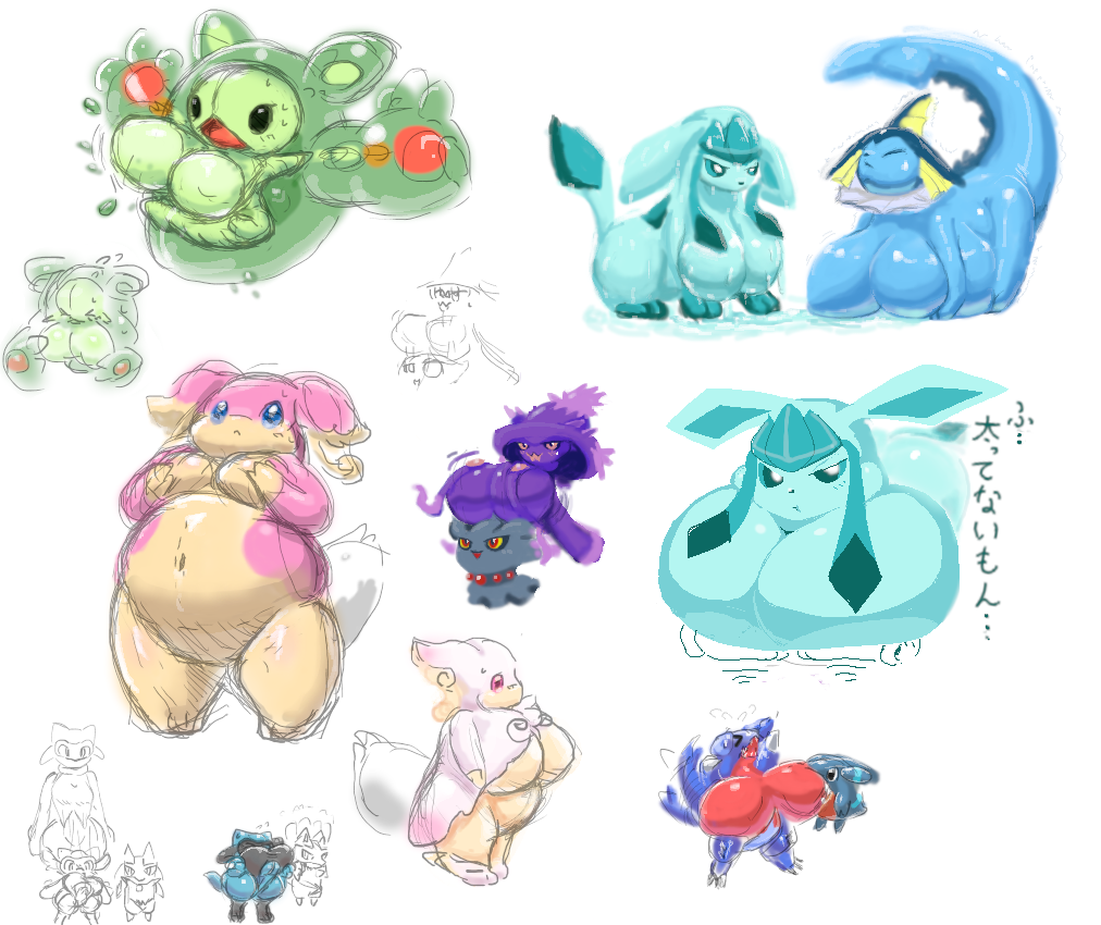 anthro audino big_breasts breast_squish breasts busty_feral eeveelution female feral glaceon huge_breasts lucario mega_audino mega_evolution misdreavus mismagius nintendo pok&eacute;mon pok&eacute;mon_(species) reuniclus riolu simple_background sketch_page solo under4_mow vaporeon video_games white_background