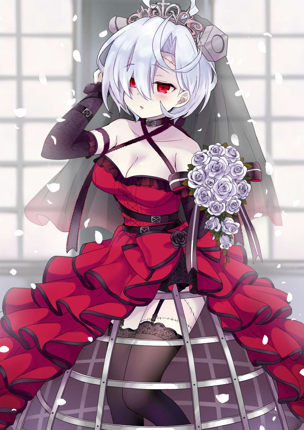 arm_up azur_lane bangs bare_shoulders black_legwear blush bolt bouquet breasts bridal_veil cleavage collarbone commentary_request criss-cross_halter day detached_sleeves dress eyebrows_visible_through_hair flower garter_straps hair_over_one_eye hairband halterneck highres holding holding_bouquet hoop_skirt indoors isao_(wasamoti) layered_dress long_sleeves medium_breasts parted_lips petals pleated_dress red_dress rose see-through silver_hair solo standing stitches sunlight terror_(azur_lane) thighhighs tiara veil white_flower white_rose window