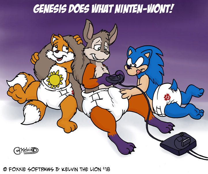 anthro diaper diaper_bulge foxxie_softpaws kelvinthelion male mammal miles_prower rodent sega_genesis sonic_(series) sonic_the_hedgehog squirrel video_games