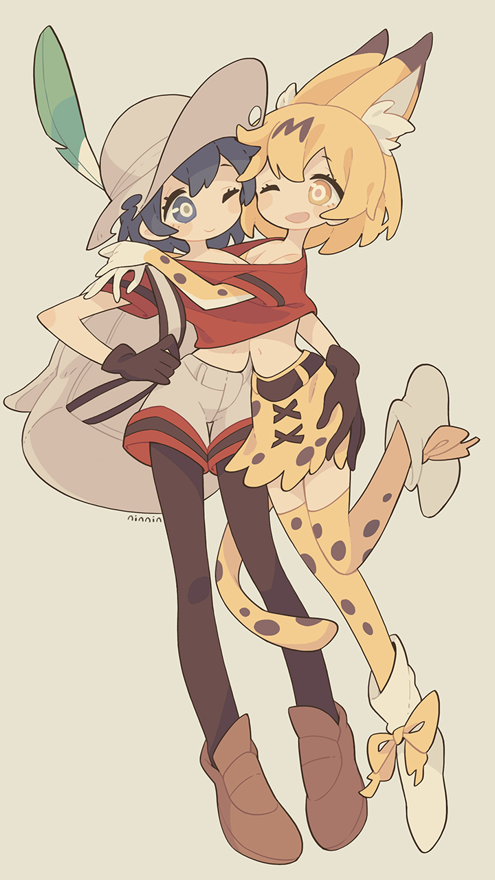 ;d animal_ear_fluff animal_ears backpack bag black_eyes black_hair black_legwear blonde_hair bucket_hat gloves hat hat_feather highres kaban_(kemono_friends) kemono_friends loafers multiple_girls one_eye_closed open_mouth red_shirt renren_(ah_renren) serval_(kemono_friends) serval_ears serval_print serval_tail shared_clothes shared_shirt shirt shoes short_hair shorts skirt smile tail thighhighs