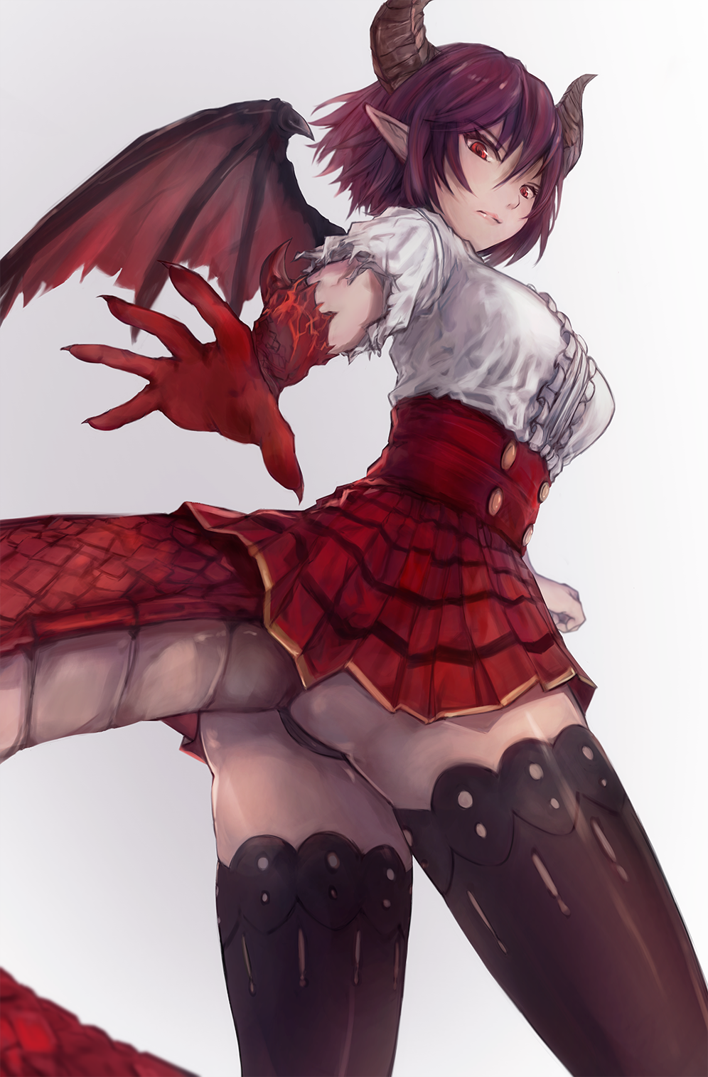 angry ass asymmetrical_arms black_legwear black_panties blouse breasts commentary_request dragon_girl dragon_horns dragon_tail dragon_wings frilled_blouse from_below granblue_fantasy grea_(shingeki_no_bahamut) highres horns kamome_(g0120021) large_breasts looking_at_viewer outstretched_hand panties pantyshot pantyshot_(standing) plaid plaid_skirt pleated_skirt pointy_ears purple_hair red_eyes red_skirt scales shingeki_no_bahamut short_hair skirt solo standing tail thighhighs torn_blouse torn_clothes torn_sleeve underwear white_background white_blouse wings