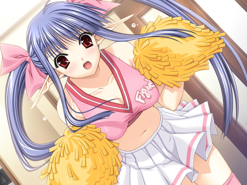 00s 1girl :o blue_hair blush bow breasts cheerleader cleavage dutch_angle eyebrows_visible_through_hair female game_cg hair_bow hair_ornament indoors long_hair looking_at_viewer midriff navel nerine open_mouth pleated_skirt pointy_ears pom_poms red_eyes shuffle! skirt sleeveless solo suzuhira_hiro white_skirt