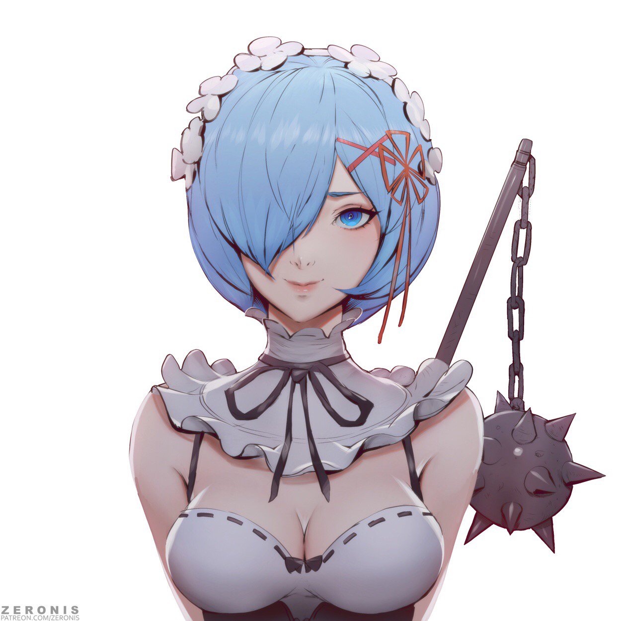 banned_artist blue_eyes blue_hair breasts cleavage commentary english_commentary flail hair_ornament hair_over_one_eye hair_ribbon highres looking_at_viewer maid maid_headdress medium_breasts paul_kwon re:zero_kara_hajimeru_isekai_seikatsu rem_(re:zero) ribbon short_hair simple_background smile solo weapon weapon_on_back white_background x_hair_ornament