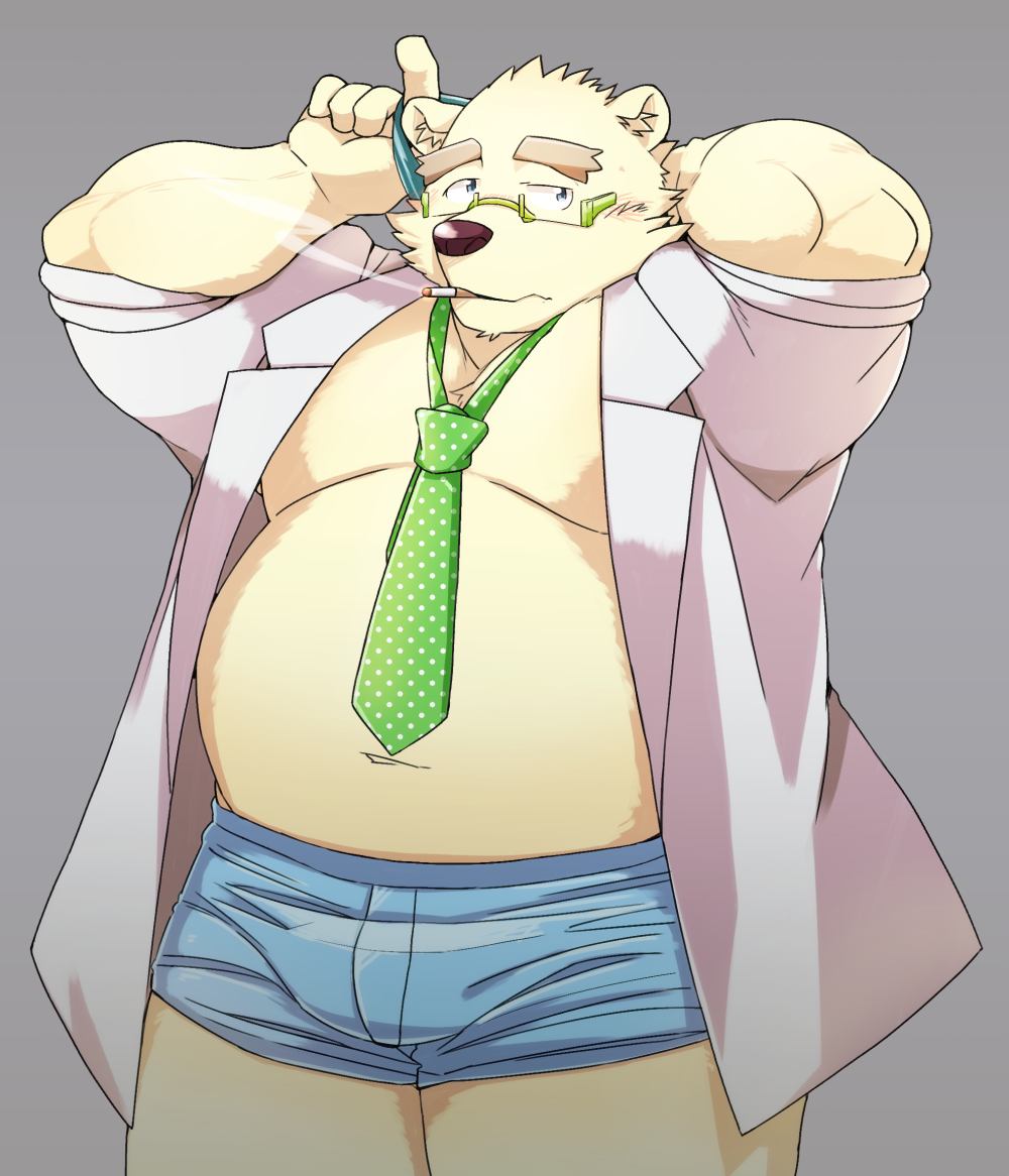 2018 anthro bear belly blush clothed clothing eyewear fur glasses launcher_r male mammal moobs navel necktie open_shirt overweight overweight_male polar_bear rave_(housamo) smoking solo tokyo_afterschool_summoners underwear white_fur