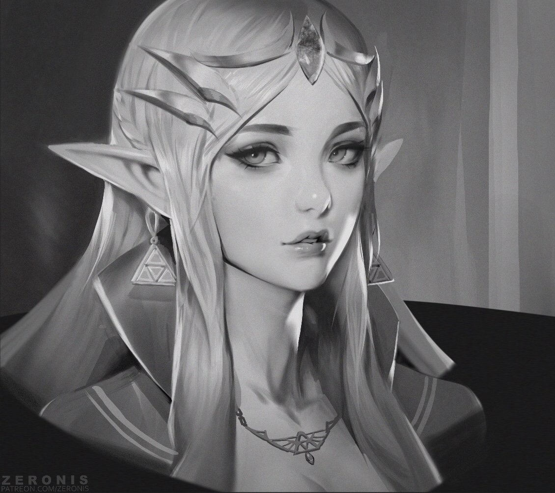 artist_name banned_artist commentary earrings english_commentary eyelashes greyscale jewelry lips long_hair looking_at_viewer monochrome necklace nose parted_lips paul_kwon pointy_ears portrait princess_zelda solo the_legend_of_zelda tiara triforce upper_body