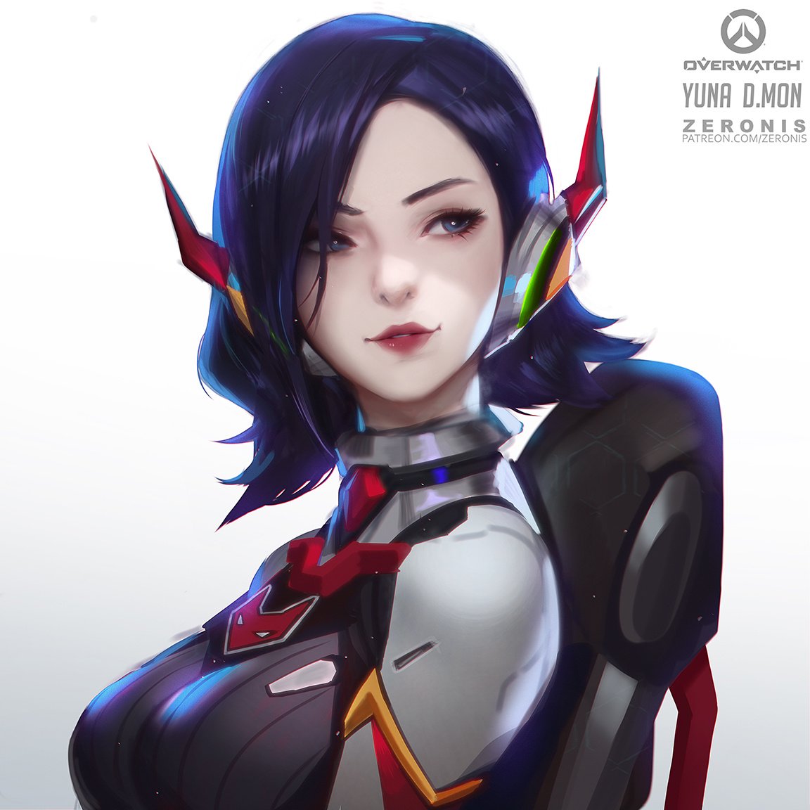 backlighting banned_artist blue_eyes bodysuit breasts commentary d.mon_(overwatch) english_commentary eyelashes headphones large_breasts lips looking_to_the_side medium_hair nose overwatch paul_kwon pilot_suit purple_hair shoulder_pads simple_background solo upper_body white_background