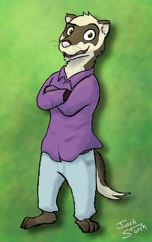 anthro clothed clothing crossed_arms digital_media_(artwork) fur green_background male mammal misfortunate-rai mustelid polecat simple_background solo teeth