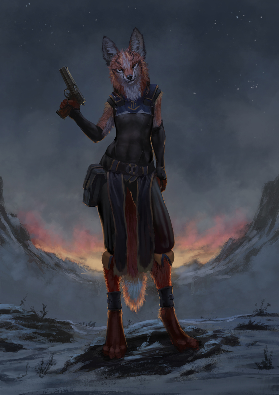 4_toes 5_fingers anthro black_nose breasts canine clothed clothing conditional_dnp detailed_background digital_media_(artwork) digitigrade female fox fur gun holding_object holding_weapon latex_(artist) looking_at_viewer mammal night orange_fur outside ranged_weapon sky solo standing star starry_sky toes weapon