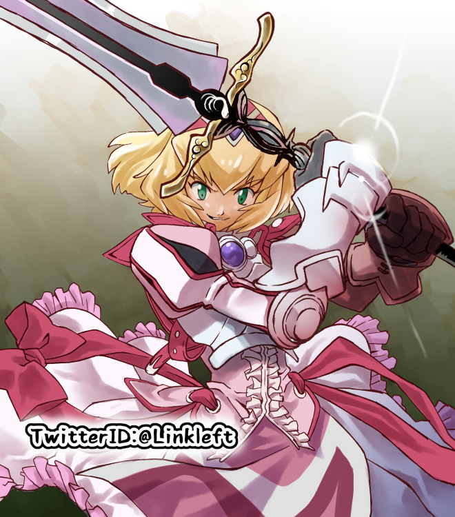 alexia_lynn_elesius armor armored_dress blonde_hair breastplate center_frills commentary_request dress fantasy gauntlets glint gloves green_eyes hairband knight link_(aa30) looking_at_viewer medium_hair smile solo sword twitter_username weapon wild_arms wild_arms_xf