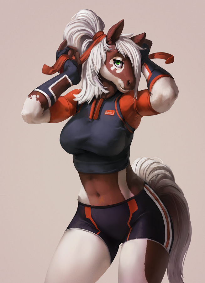 5_fingers abs arms_above_head breasts clothed clothing equine female gloves green_eyes hair hair_ribbon half-closed_eyes horse mammal midriff navel ponytail ribbons shorts simple_background smile solo veramundis white_hair