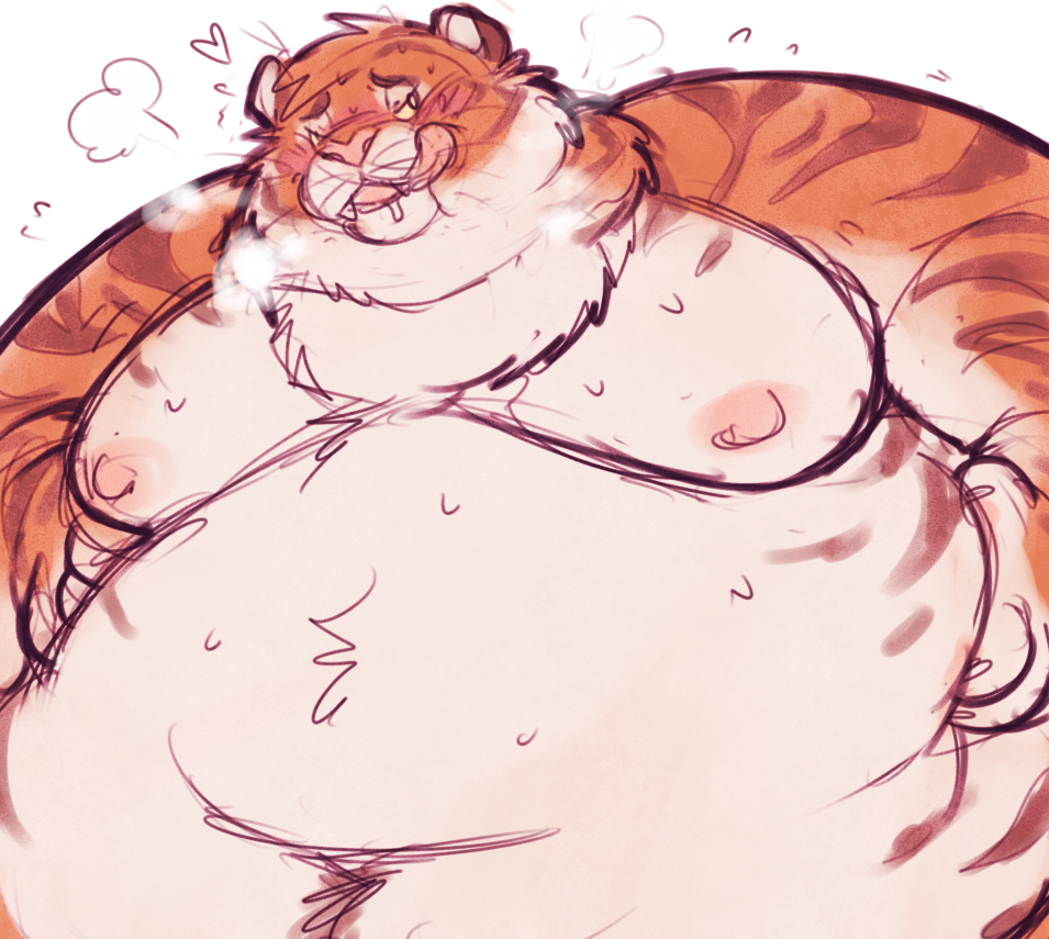 &lt;3 2018 belly belly_fondling berlin big_belly blush breath claws deep_navel drooling fat_grab feline huff licking licking_lips male mammal moobs nipples obese open_mouth overweight overweight_male saliva self_grab simple_background solo sweat tiger tongue tongue_out white_background