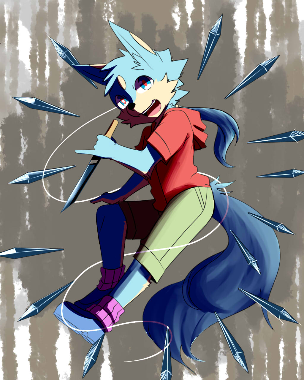 2014 abstract_background action_pose anthro biped black_nose blue_eyes blue_fur canine child clothed clothing crystal cub dog floating footwear fully_clothed fur head_tuft holding_object holding_weapon hoodie knife legwear magic magic_user male mammal melee_weapon multicolored_fur open_mouth pose red_eyes saku1saya seiya_(saku1saya) shoes shorts simple_background socks solo string teeth two_tone_eyes two_tone_fur weapon white_fur young