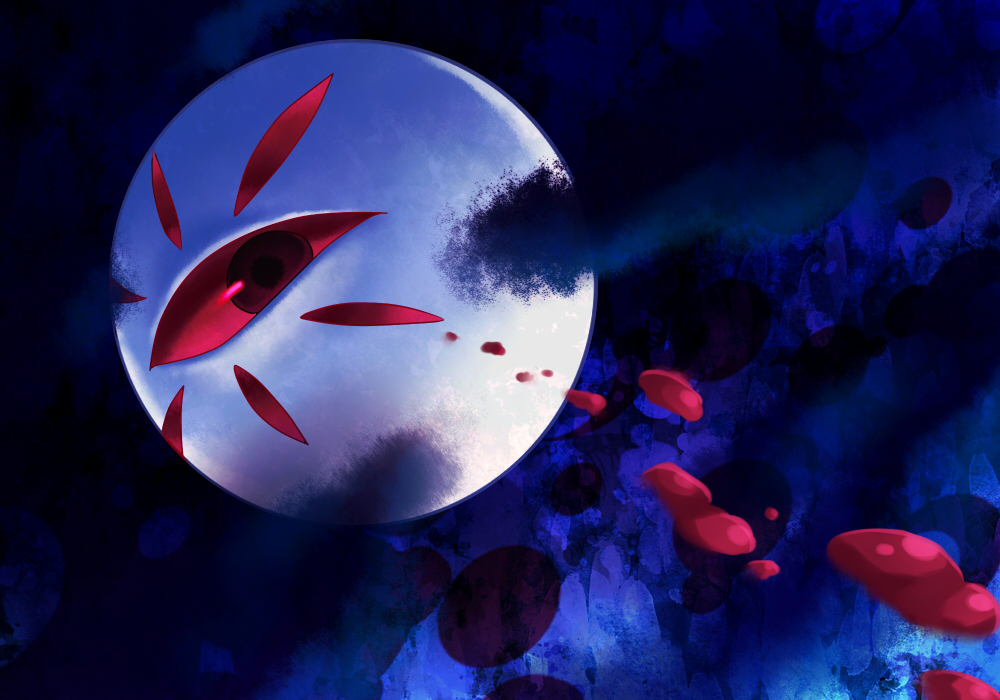 black_clouds blood blue_background commentary_request dark dark_background dark_clouds kirby's_dream_land_3 kirby_(series) kurosiro looking_at_viewer no_humans one-eyed red_eyes solo zero_(kirby)