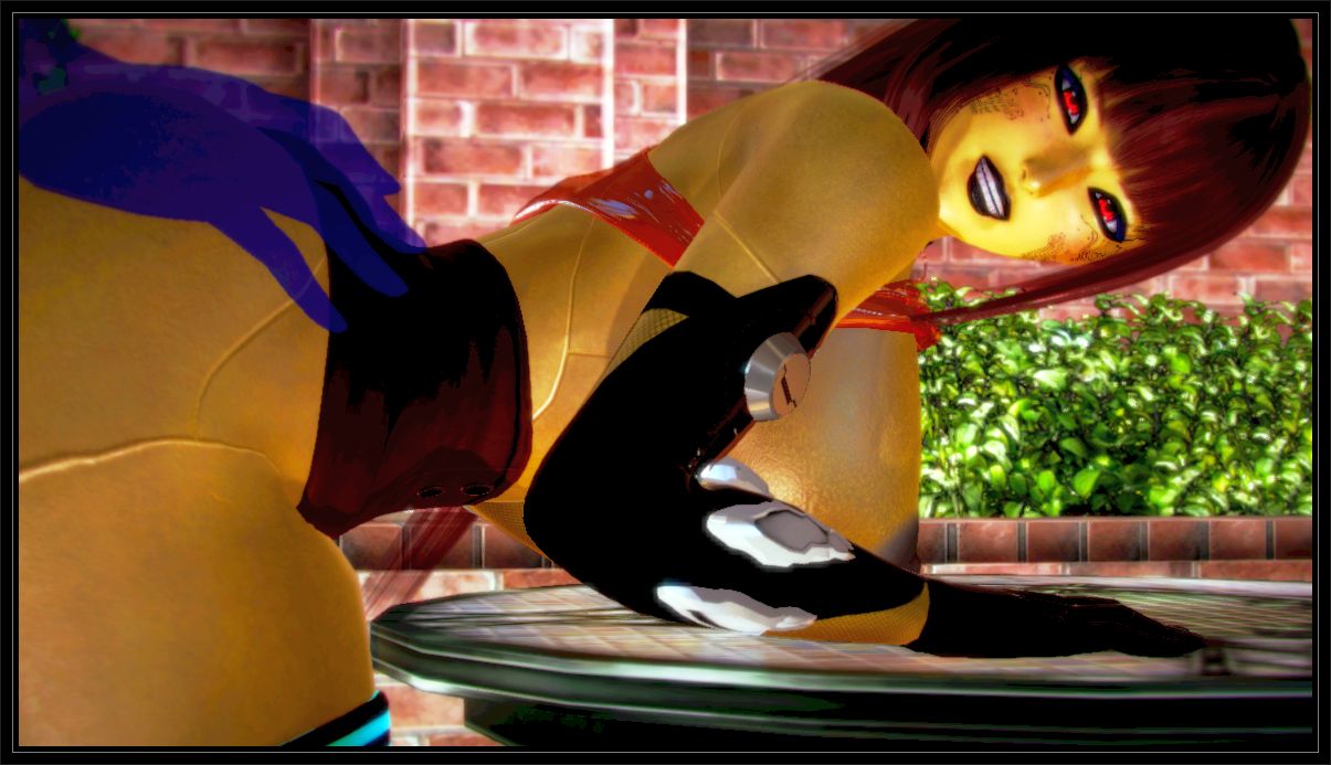 3d_(artwork) anal android bent_over_table big_breasts black_gloves black_nipples breasts button_(disambiguation) circuit digital_media_(artwork) exposed_breasts female female_focus glowing gold_skin gyonoid hair looking_at_viewer machine neon nipples not_furry outside red_eyes red_hair red_hot_robot-lovin' robot rubber sex shiny smile