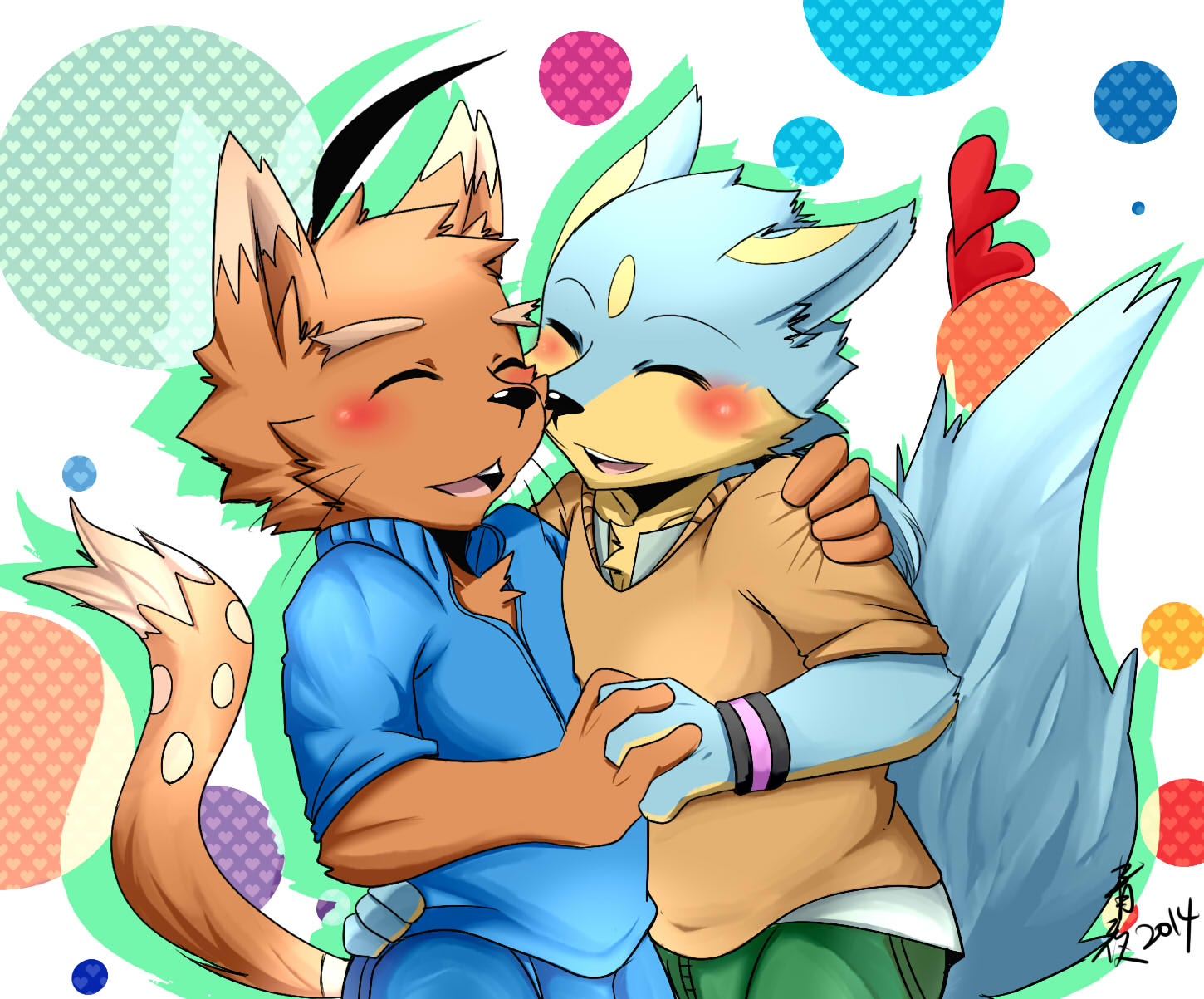 &lt;3 2014 abstract_background anthro anthro_on_anthro armband black_nose blue_fur blush brown_fur canine cheek_tuft chest_tuft clothed clothing dipstick_ears dipstick_tail dog duo embrace eyes_closed fluffy fluffy_tail fully_clothed fur fur_markings hand_holding happy head_tuft heart_pattern male male/male mammal markings multicolored_fur multicolored_tail open_mouth open_smile pants romantic_couple saku1saya seiya_(saku1saya) shirt smile spots tan_fur tuft two_tone_fur watermark whiskers white_fur