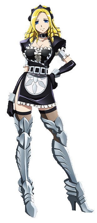 1girl armored_boots blonde_hair blue_eyes boots breasts cleavage dress gloves high_heel_boots high_heels maid overlord_(maruyama) smile solution_epsilon thighhighs