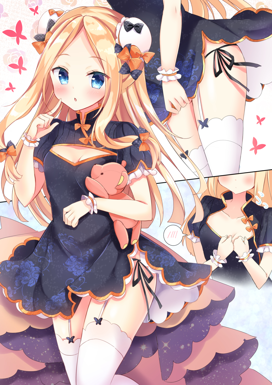 1girl abigail_williams_(fate/grand_order) alternate_costume bangs black_bow black_dress black_panties blonde_hair blue_eyes blush bow breasts bug bun_cover butterfly china_dress chinese_clothes cleavage_cutout collarbone double_bun dress fate/grand_order fate_(series) forehead garter_straps hair_bow highres hips holding holding_stuffed_animal index_finger_raised insect long_hair looking_at_viewer masayo_(gin_no_ame) open_mouth orange_bow panties parted_bangs polka_dot polka_dot_bow puffy_sleeves side-tie_panties simple_background small_breasts stuffed_animal stuffed_toy teddy_bear thighhighs thighs underwear white_background white_legwear wrist_cuffs