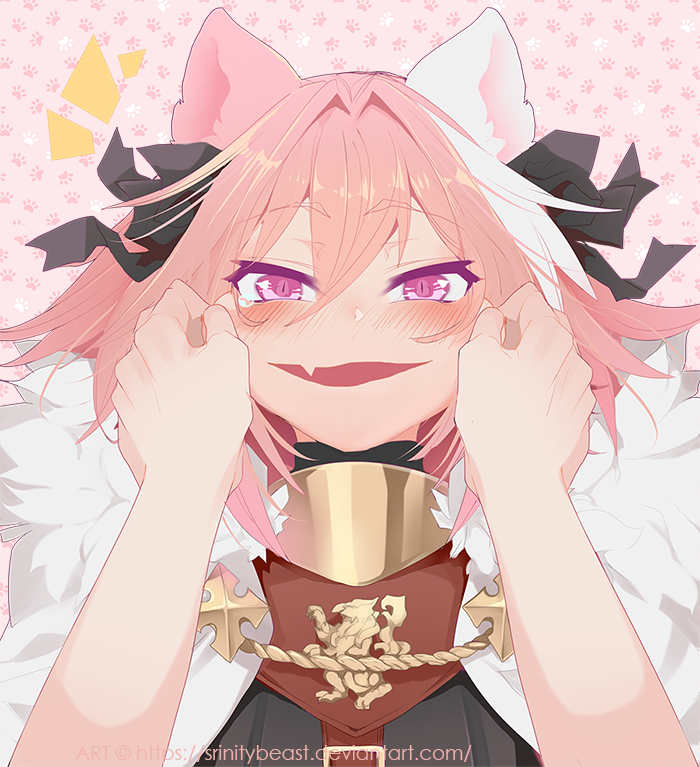 1boy animal_ears astolfo_(fate) black_ribbon blush cat_ears cheek_pull cheek_squash eyebrows_visible_through_hair face fang fate/apocrypha fate_(series) fur_trim hair_between_eyes hair_intakes hair_ribbon hands_on_another's_face hands_on_another's_face looking_at_viewer md5_mismatch multicolored_hair open_mouth out_of_frame paw_print_pattern pink_hair pov pov_hands purple_eyes ribbon short_hair solo_focus srinitybeast tears two-tone_hair watermark web_address