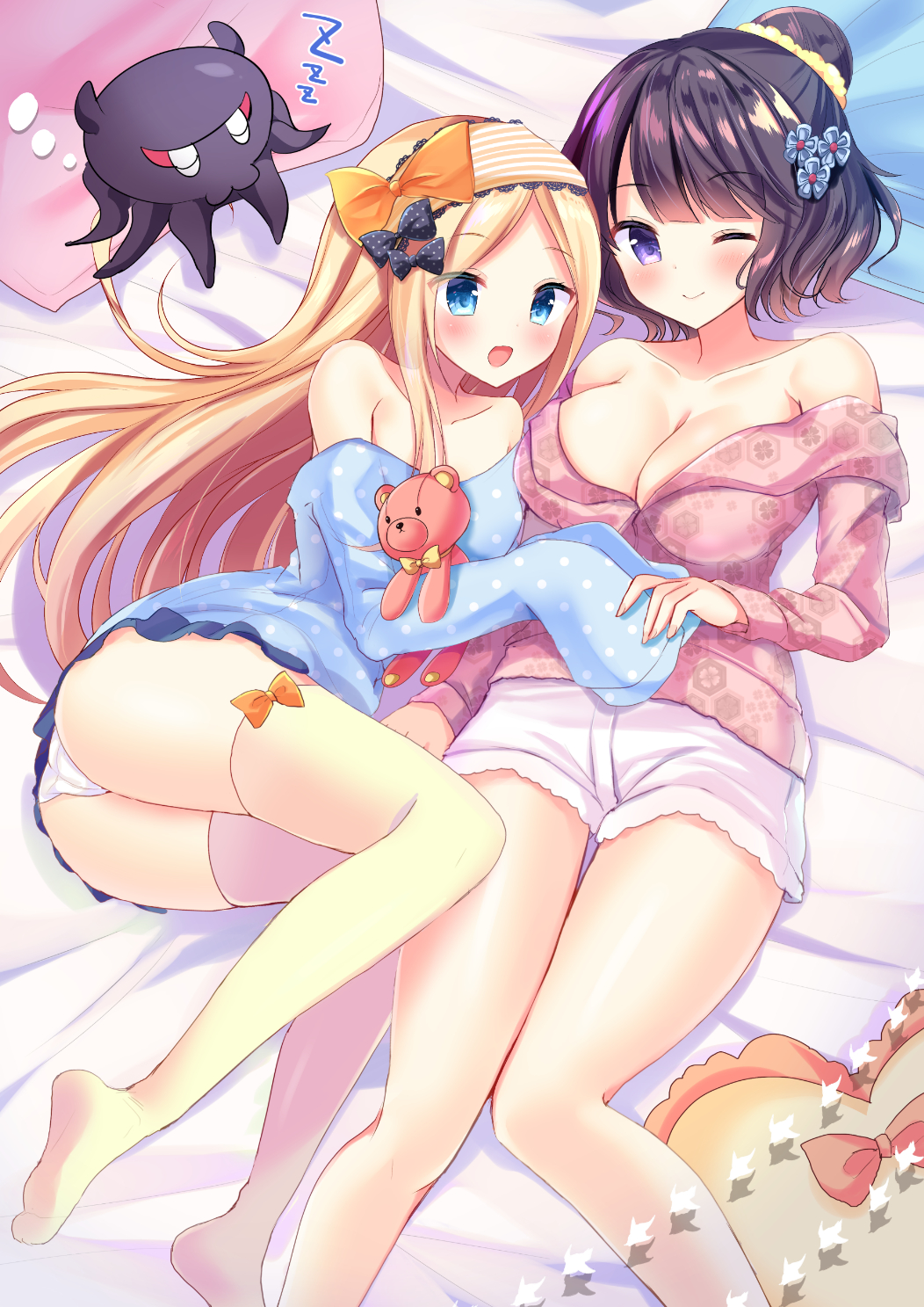 2girls :d ;) abigail_williams_(fate/grand_order) animal bangs bare_shoulders bed_sheet beige_legwear black_bow blonde_hair blue_eyes blue_shirt blush bow breasts cleavage collarbone eyebrows_visible_through_hair eyes_closed fate/grand_order fate_(series) fingernails hair_bow hair_bun hair_ornament hair_scrunchie hairband highres katsushika_hokusai_(fate/grand_order) large_breasts long_hair long_sleeves lying masayo_(gin_no_ame) multiple_girls no_shoes object_hug octopus off_shoulder on_side one_eye_closed open_mouth orange_bow parted_bangs pillow pink_shirt polka_dot polka_dot_bow polka_dot_shirt scrunchie shirt short_shorts shorts sleeping sleeves_past_fingers sleeves_past_wrists smile striped striped_hairband stuffed_animal stuffed_toy teddy_bear thighhighs tokitarou_(fate/grand_order) very_long_hair white_shorts yellow_scrunchie zzz