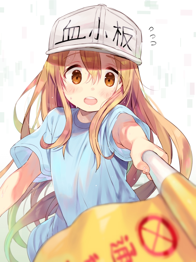 bangs blue_shirt blurry blurry_foreground blush brown_eyes character_name clothes_writing commentary_request depth_of_field eyebrows_visible_through_hair fingernails flag flat_cap flying_sweatdrops grey_hat hair_between_eyes hat hataraku_saibou headwear_writing holding holding_flag kibii_mocha light_brown_hair long_hair looking_at_viewer open_mouth outstretched_arm platelet_(hataraku_saibou) shirt short_sleeves solo upper_teeth very_long_hair